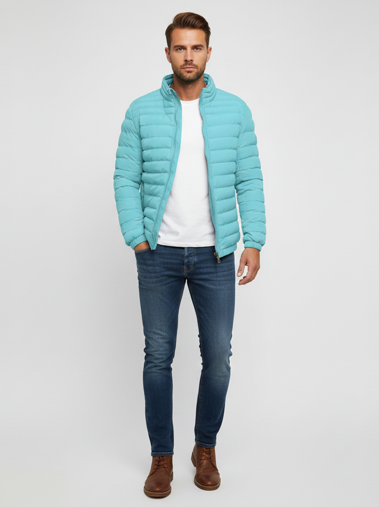 Men's Lightweight Puffer Jacket - Quilted Design with Zip Closure and Stand Collar