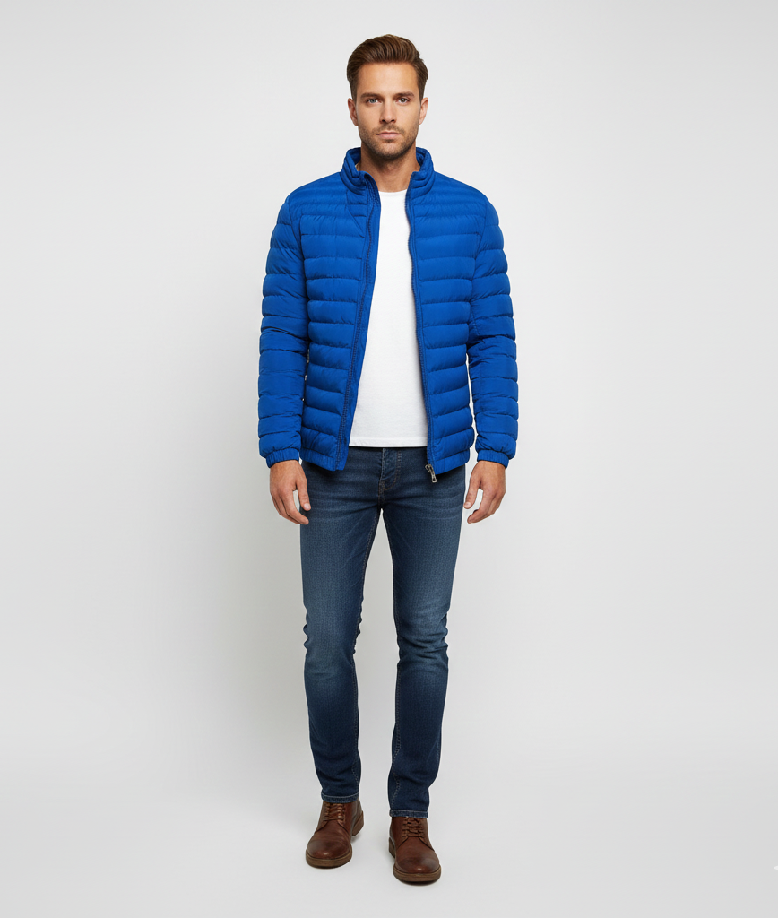 Men's Lightweight Puffer Jacket - Quilted Design with Zip Closure and Stand Collar