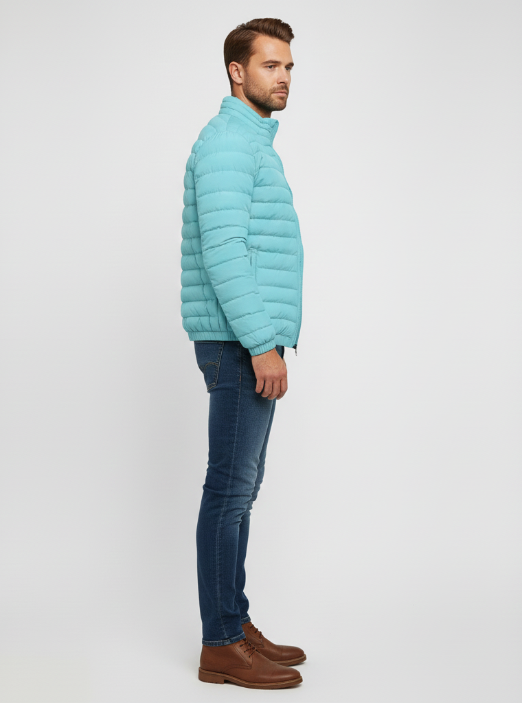 Men's Lightweight Puffer Jacket - Quilted Design with Zip Closure and Stand Collar
