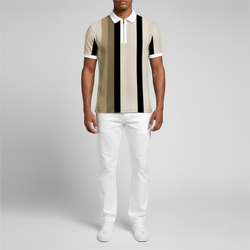 Men's Slim Fit Polo Shirt - Short-Sleeved Design with Zipper and Stripes
