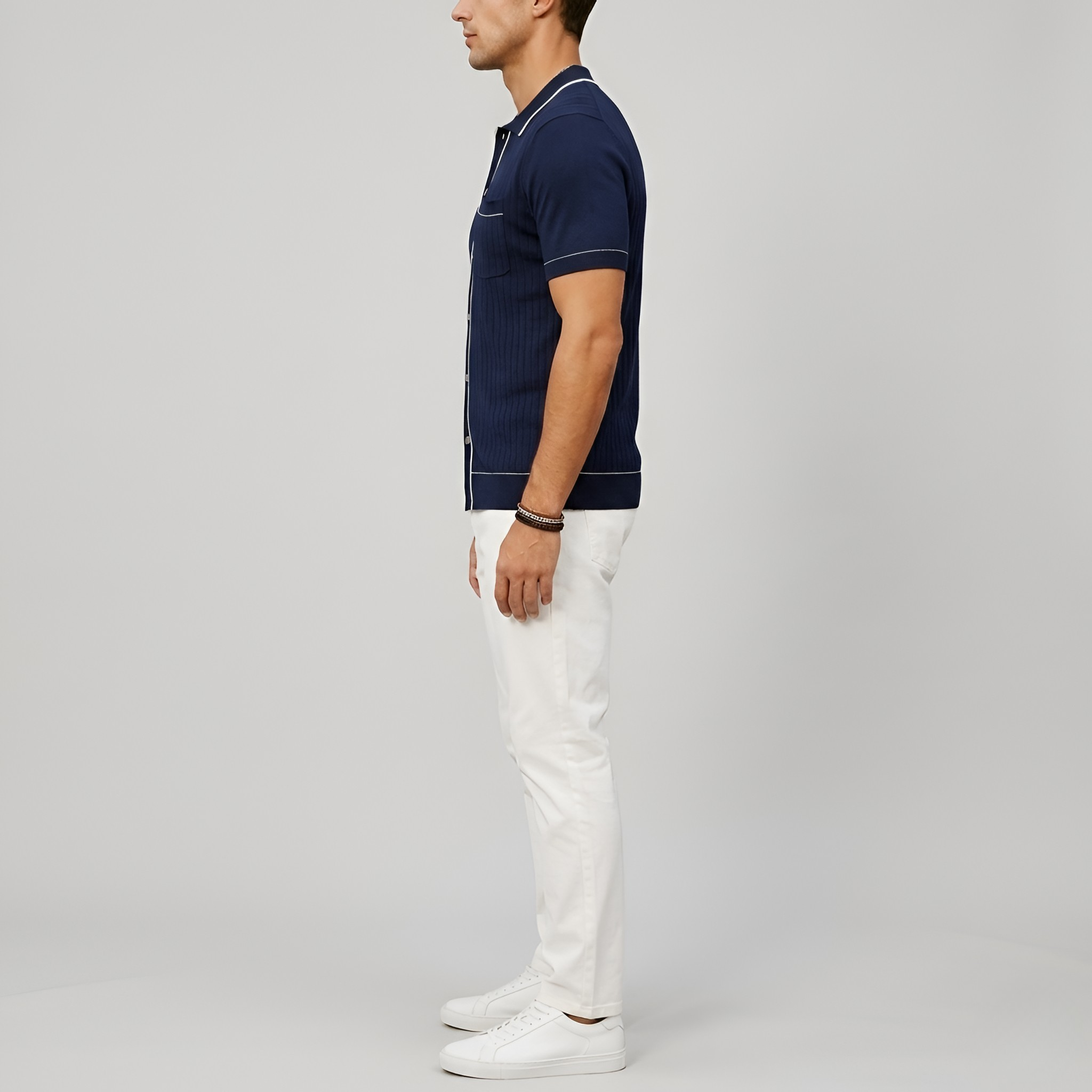 Men's Ribbed Polo Shirt - Button Closure and Shirt Collar with Short Sleeves