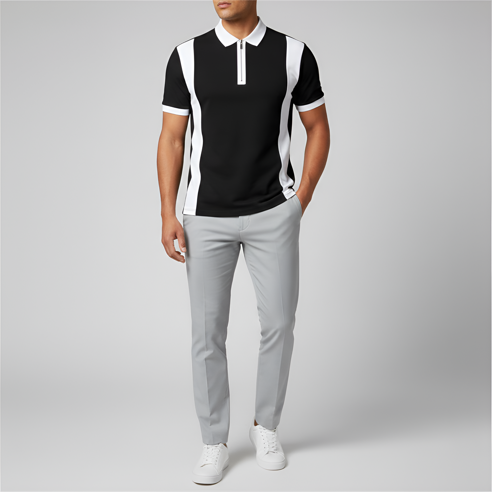 Men's Slim Fit Polo Shirt - Short-Sleeved Design with Zipper and Stripes