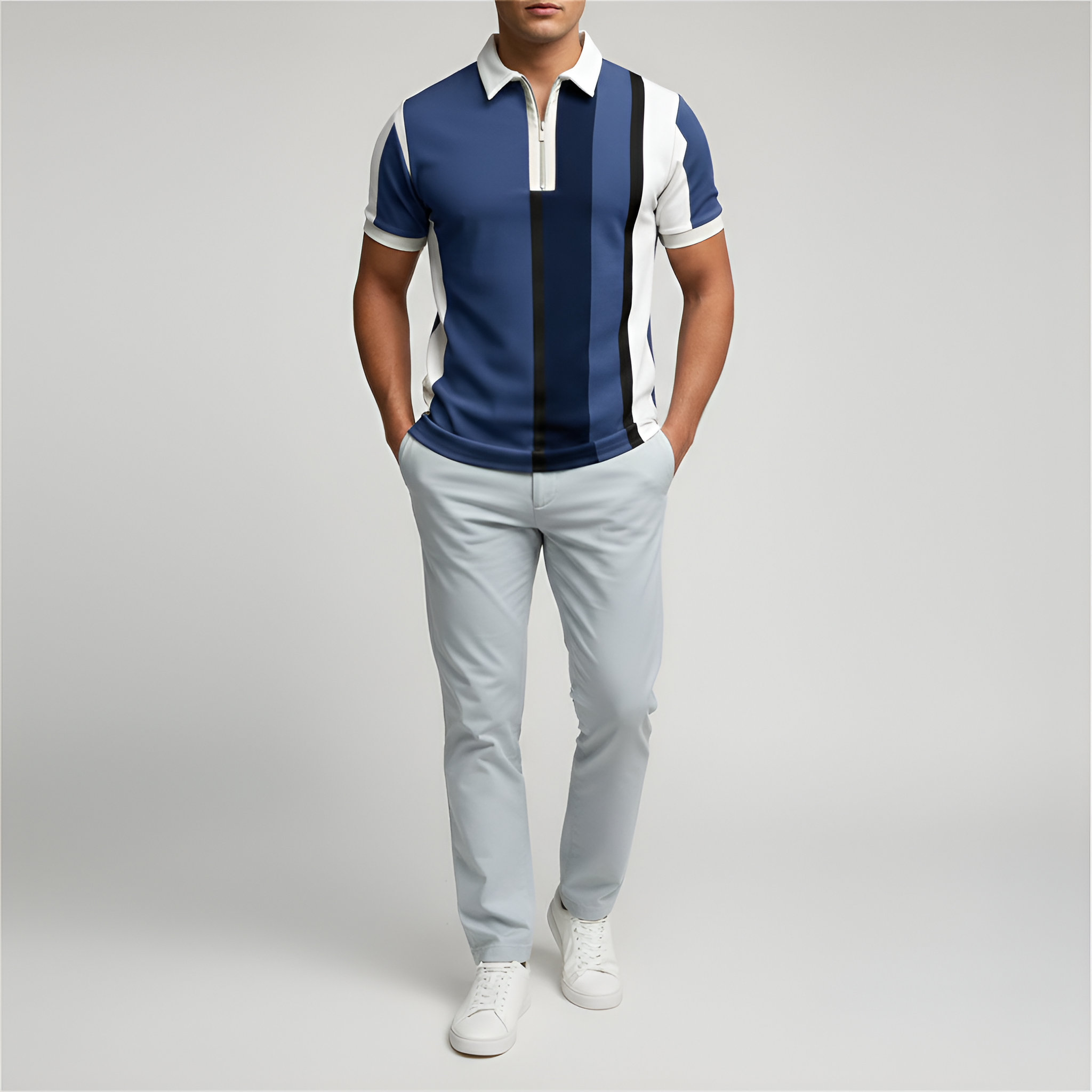 Men's Slim Fit Polo Shirt - Short-Sleeved Design with Zipper and Stripes