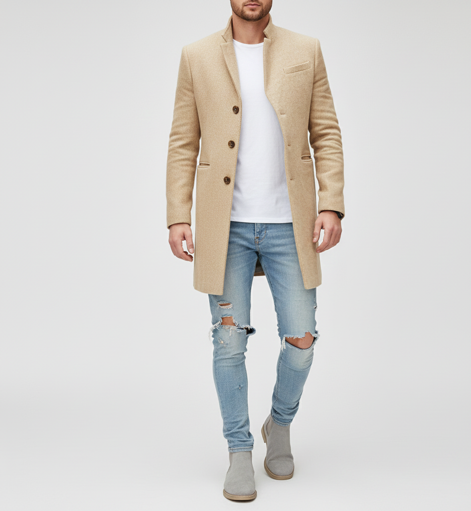 Men's Classic Long Wool Coat with Notched Lapels and Button Closure