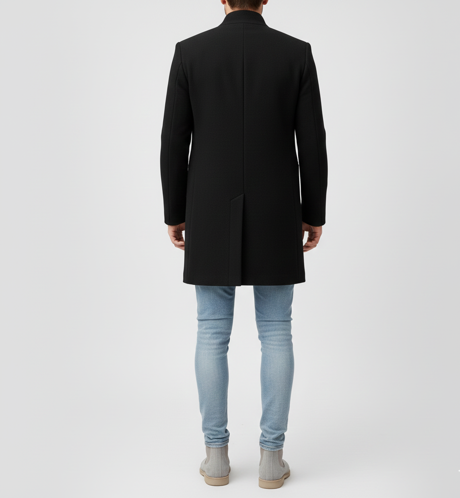 Men's Classic Long Wool Coat with Notched Lapels and Button Closure