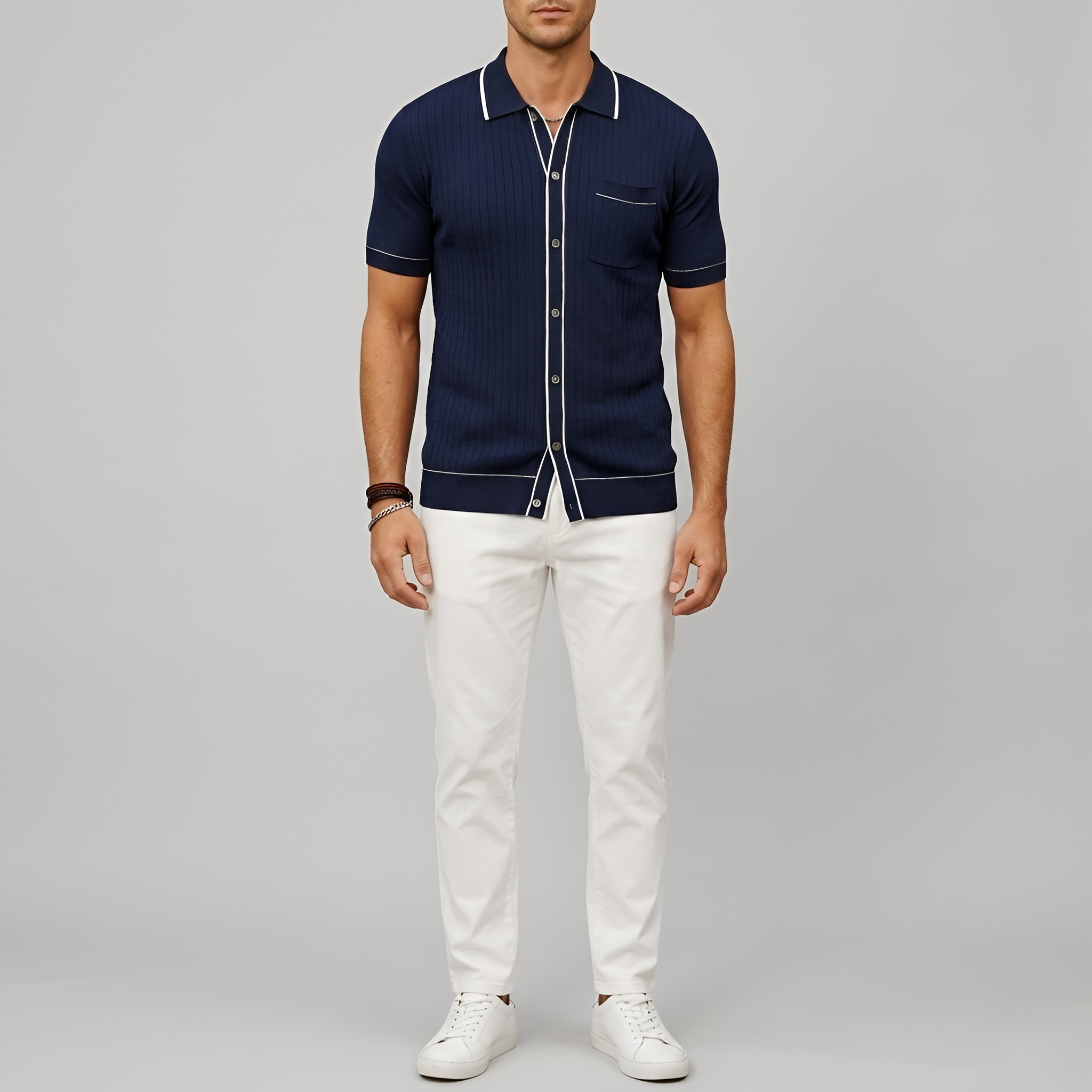 Men's Ribbed Polo Shirt - Button Closure and Shirt Collar with Short Sleeves