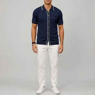 Men's Ribbed Polo Shirt - Button Closure and Shirt Collar with Short Sleeves