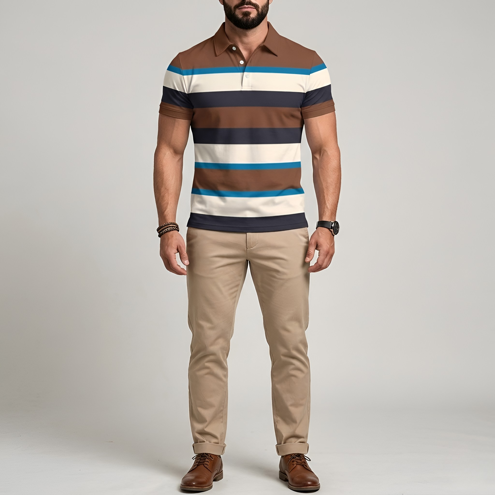 Men’s Striped Short-Sleeved Polo Shirt with Collared Neckline