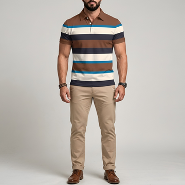Men’s Striped Short-Sleeved Polo Shirt with Collared Neckline