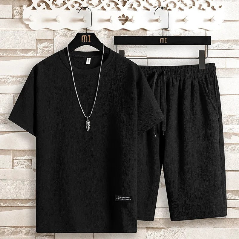 Naveen | Men's Casual Crinkle Texture T-Shirt & Shorts Set