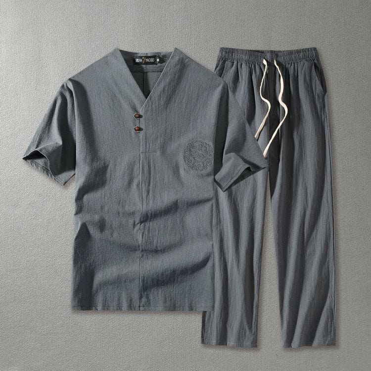 Tarquin | Men's Relaxed Linen V-Neck Shirt & Trouser Set