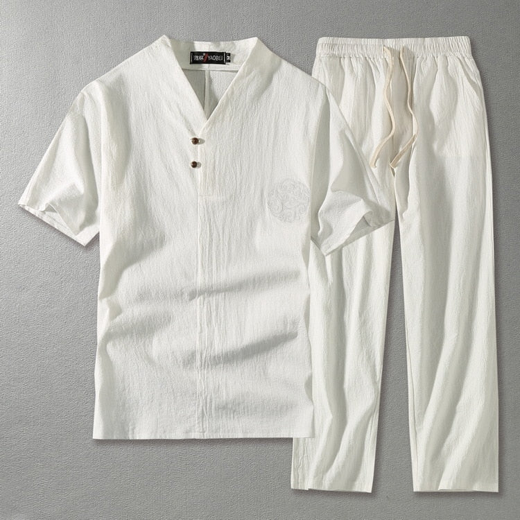 Tarquin | Men's Relaxed Linen V-Neck Shirt & Trouser Set