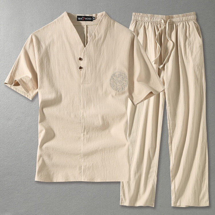 Tarquin | Men's Relaxed Linen V-Neck Shirt & Trouser Set