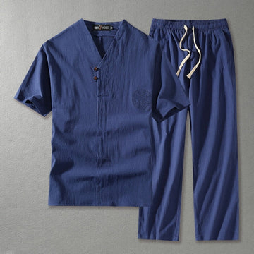 Tarquin | Men's Relaxed Linen V-Neck Shirt & Trouser Set