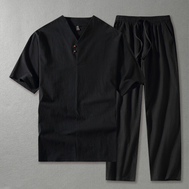 Tarquin | Men's Relaxed Linen V-Neck Shirt & Trouser Set