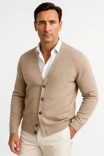 Men's Classic V-Neck Cardigan - Merino Wool Knitwear with Ribbed Cuffs