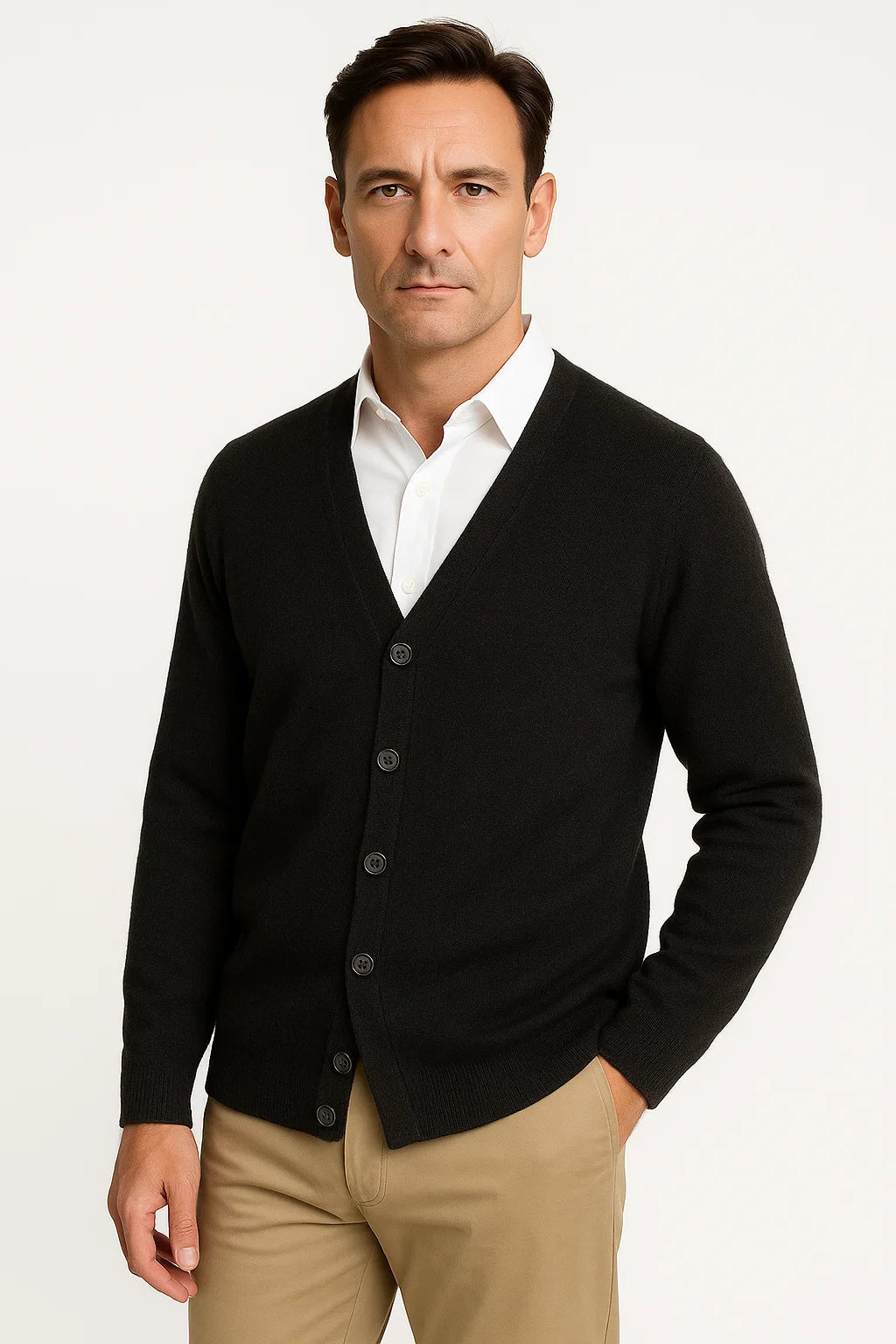 Men's Classic V-Neck Cardigan - Merino Wool Knitwear with Ribbed Cuffs