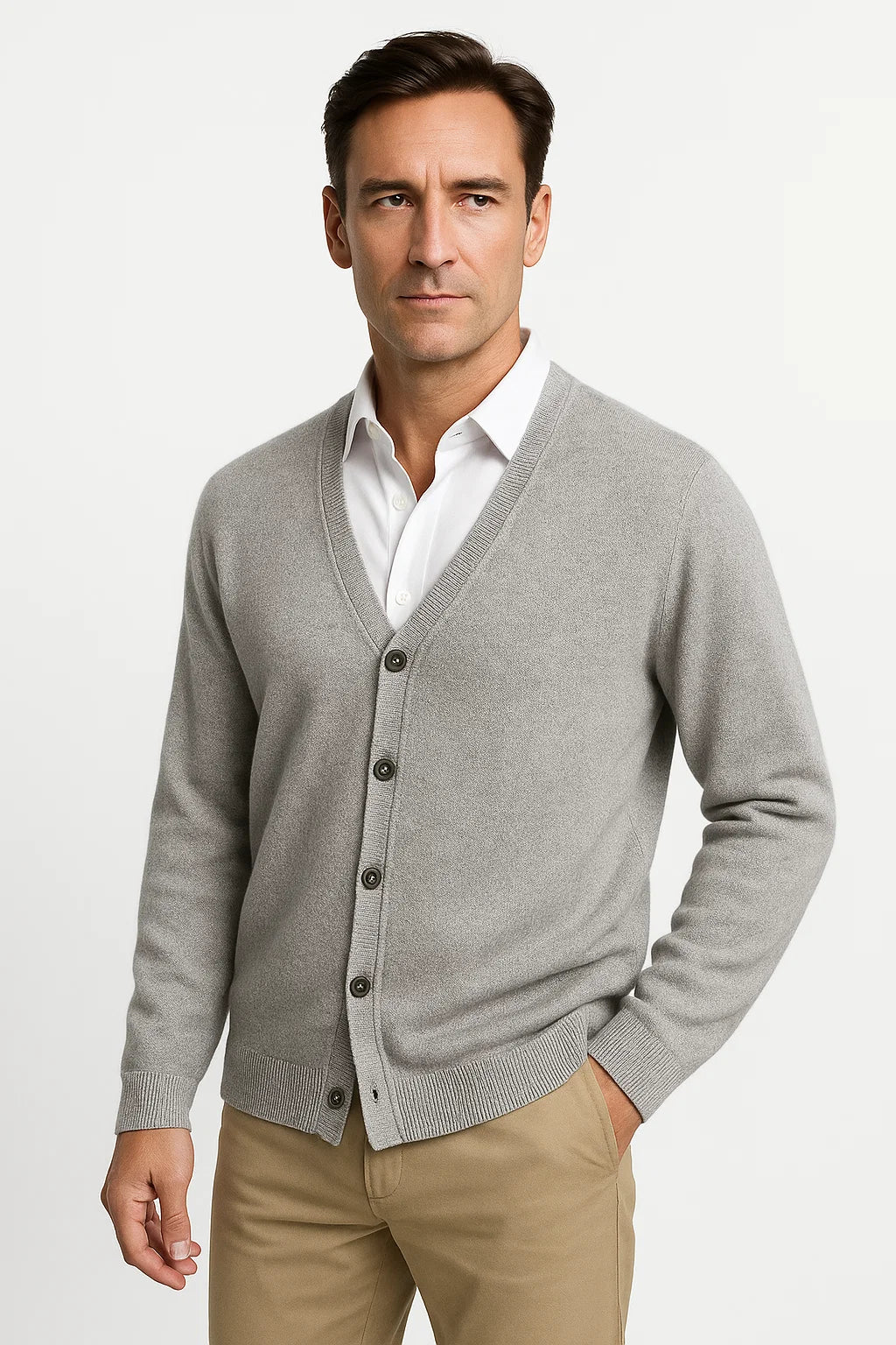 Men's Classic V-Neck Cardigan - Merino Wool Knitwear with Ribbed Cuffs