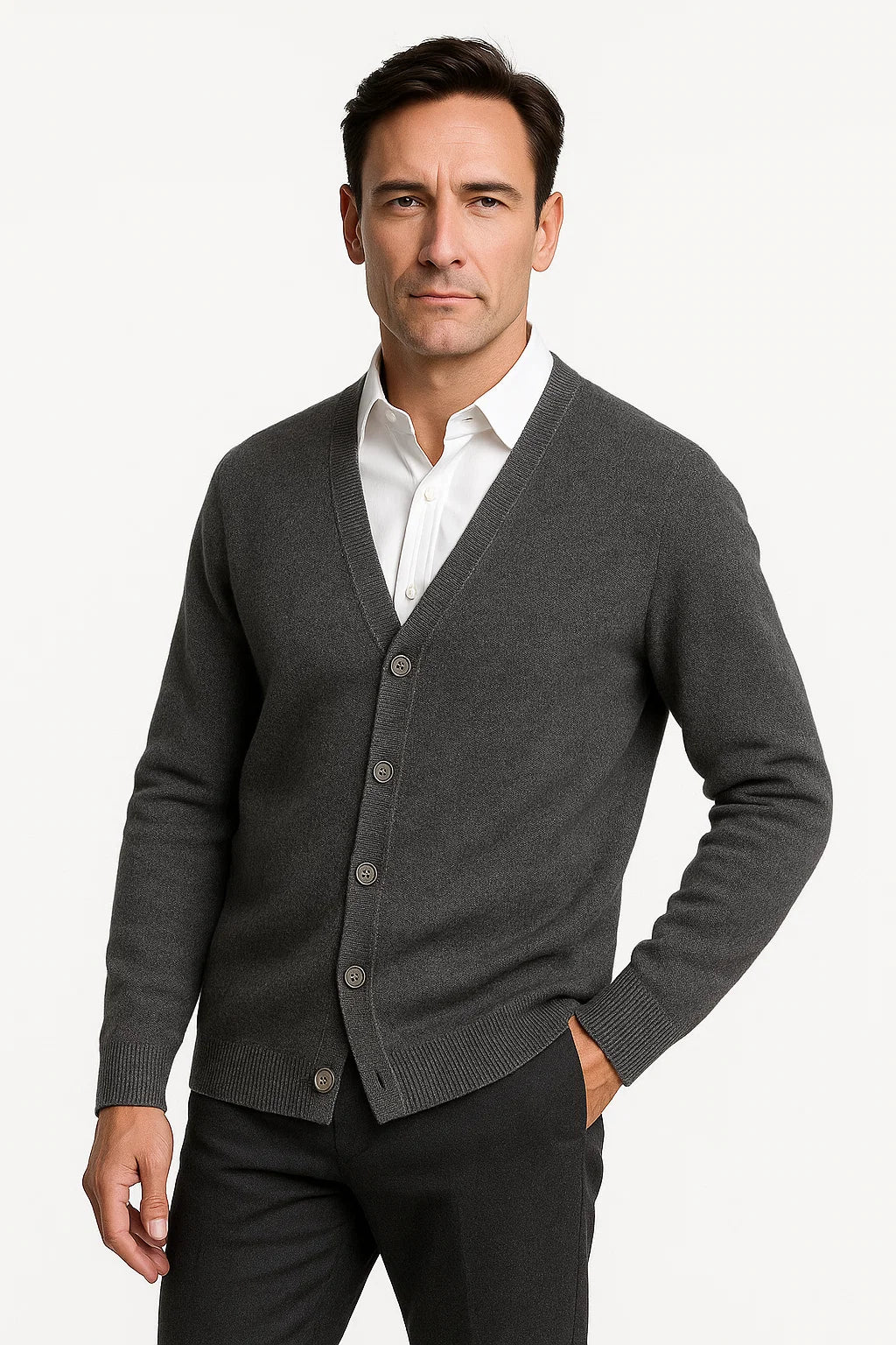 Men's Classic V-Neck Cardigan - Merino Wool Knitwear with Ribbed Cuffs