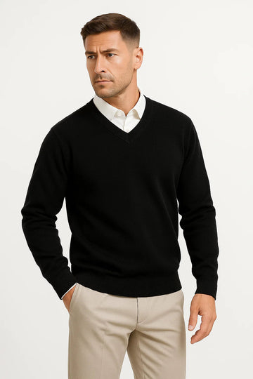 Men's Slim Fit Cashmere Pullover - V-Neck Design with Ribbed Detailing
