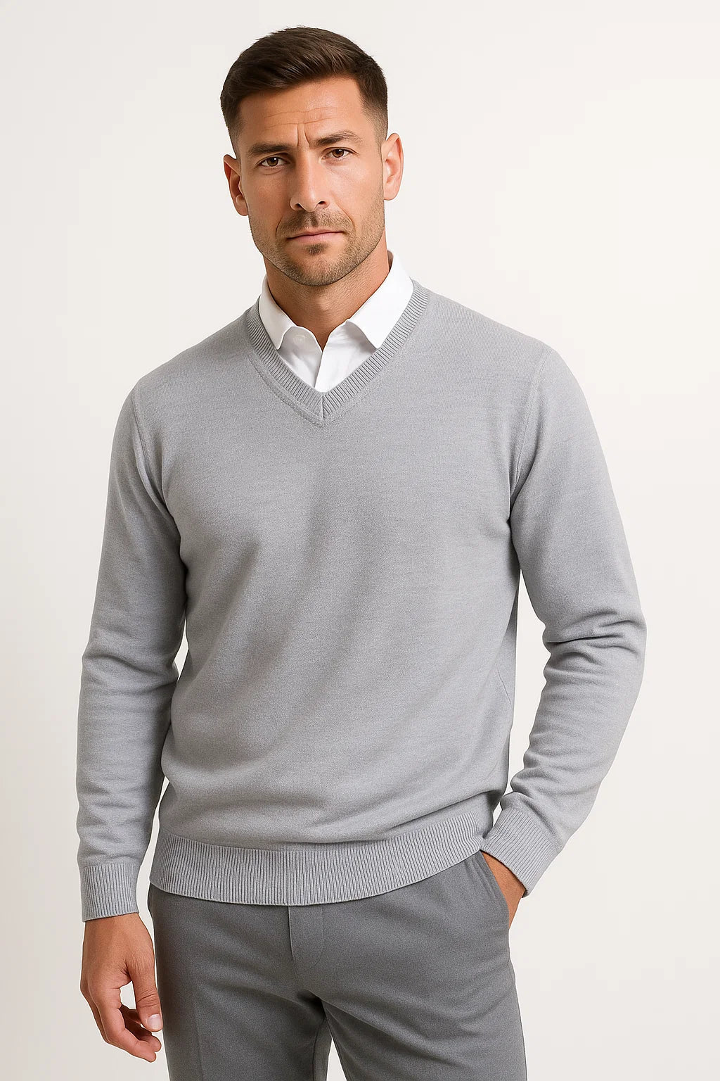 Men's Slim Fit Cashmere Pullover - V-Neck Design with Ribbed Detailing