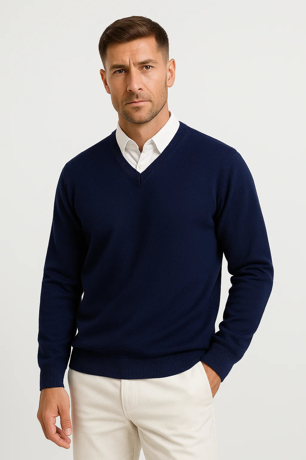 Men's Slim Fit Cashmere Pullover - V-Neck Design with Ribbed Detailing