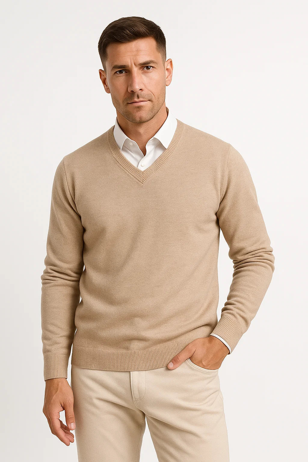 Men's Slim Fit Cashmere Pullover - V-Neck Design with Ribbed Detailing