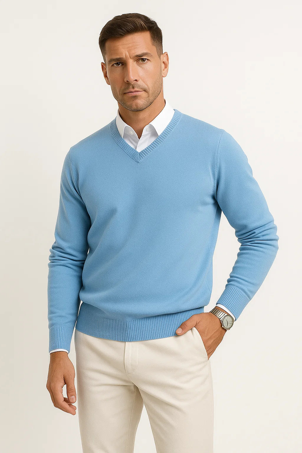 Men's Slim Fit Cashmere Pullover - V-Neck Design with Ribbed Detailing
