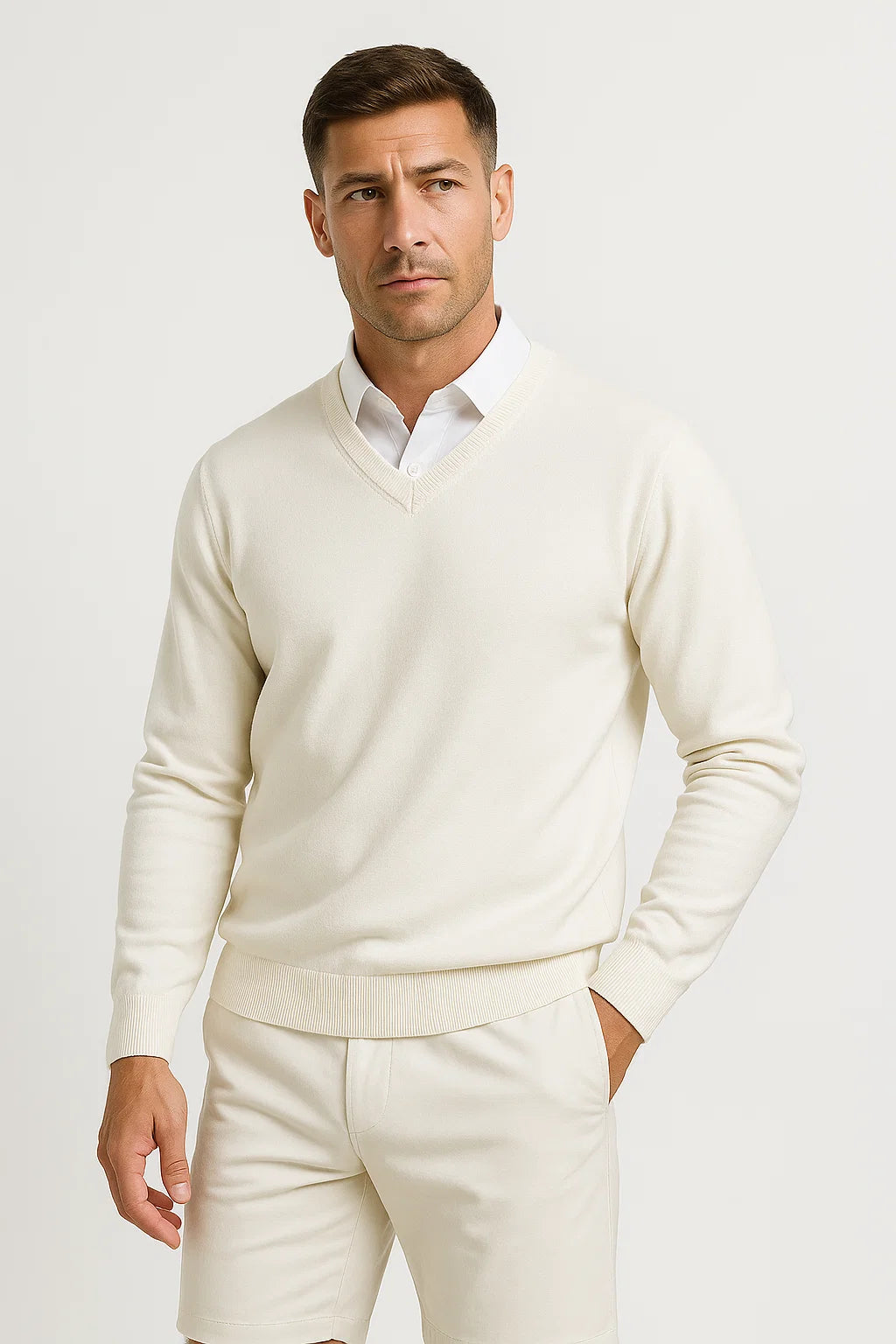 Men's Slim Fit Cashmere Pullover - V-Neck Design with Ribbed Detailing