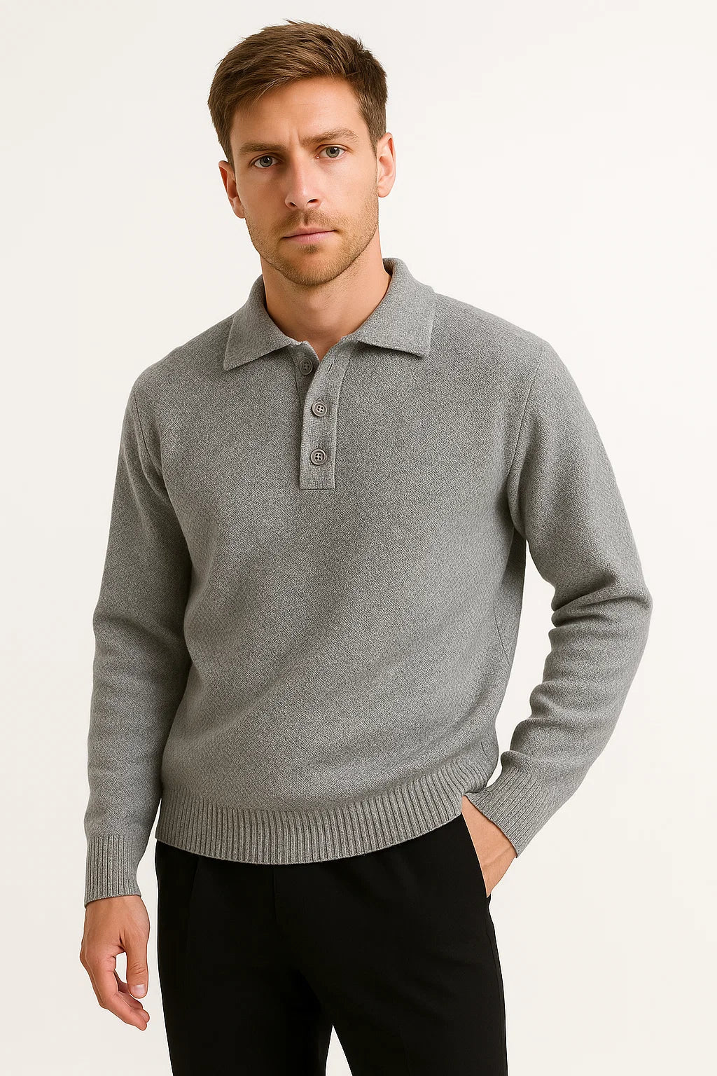 Men's Classic Knit Polo Sweater - Structured Collar and Cotton Blend Construction
