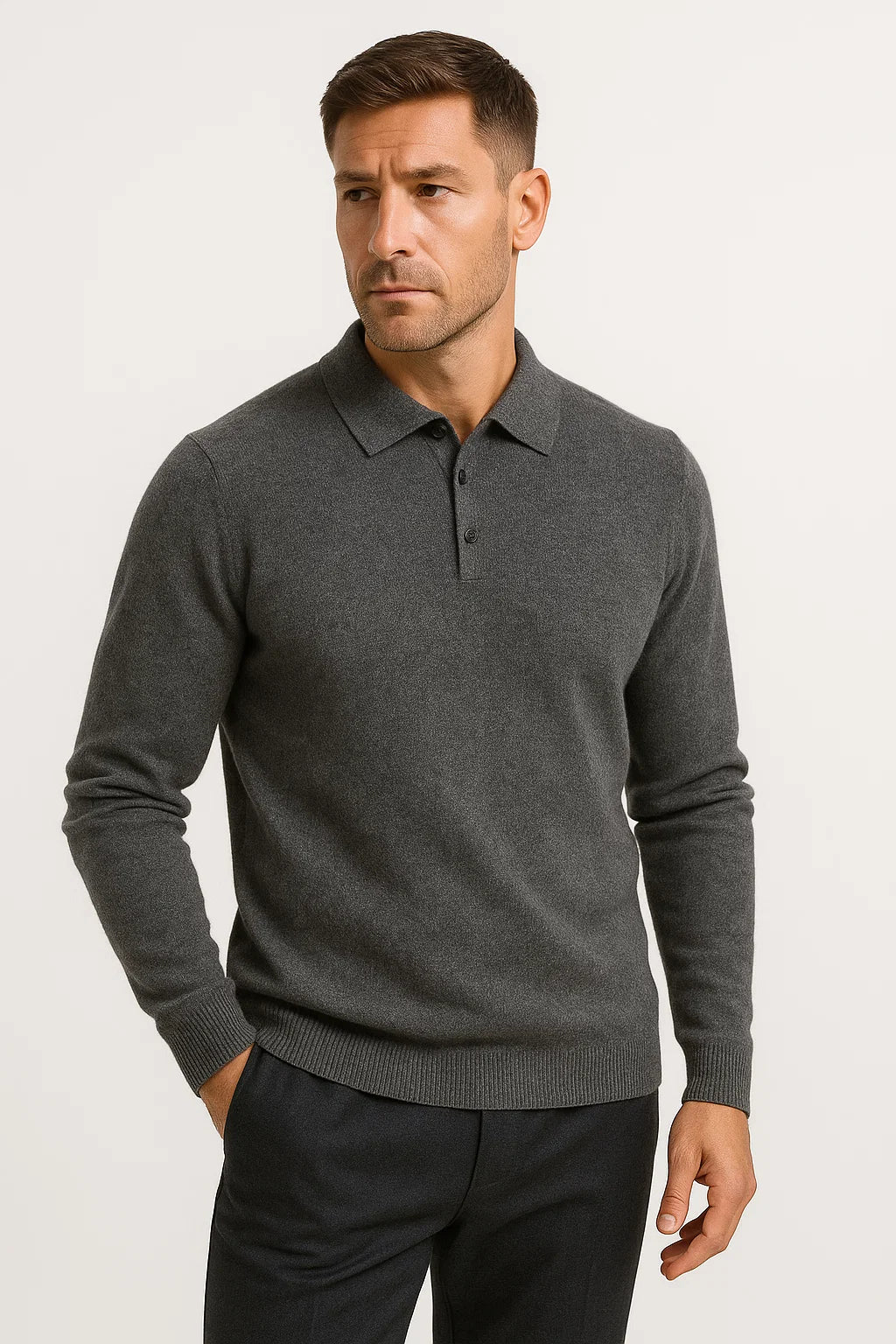 Men's Classic Long Sleeve Polo Sweater - Merino Wool Knit Design