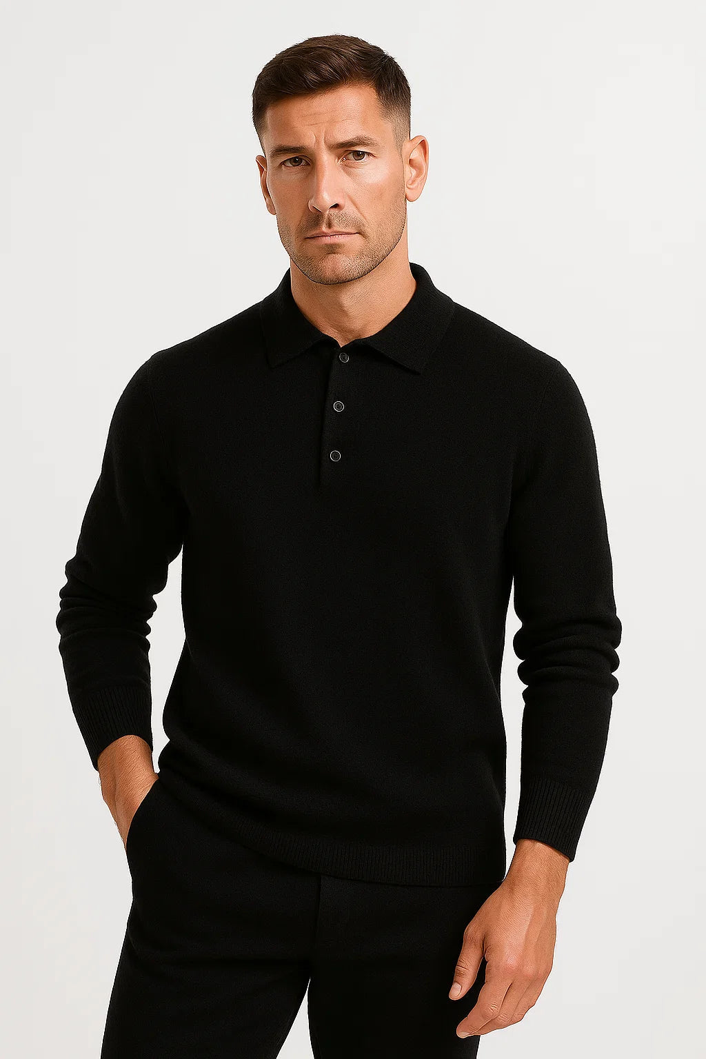 Men's Classic Long Sleeve Polo Sweater - Merino Wool Knit Design