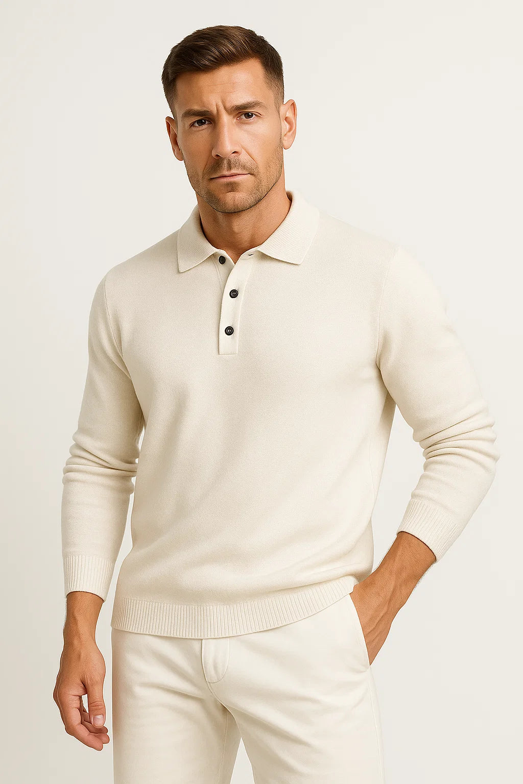 Men's Classic Long Sleeve Polo Sweater - Merino Wool Knit Design