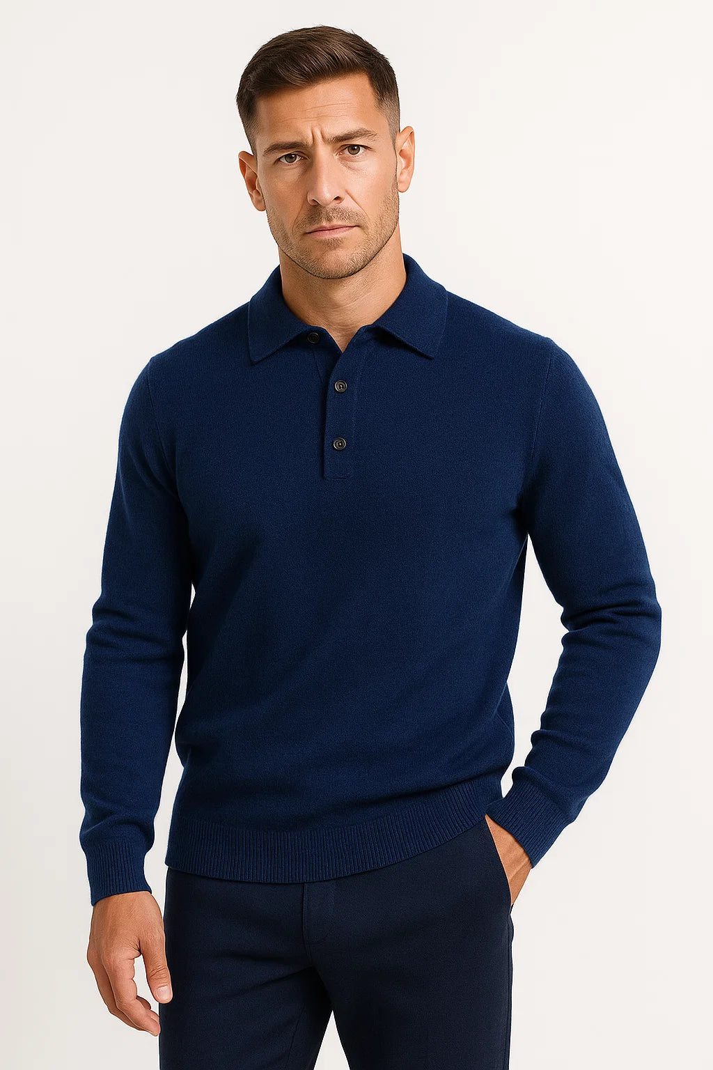Men's Classic Long Sleeve Polo Sweater - Merino Wool Knit Design