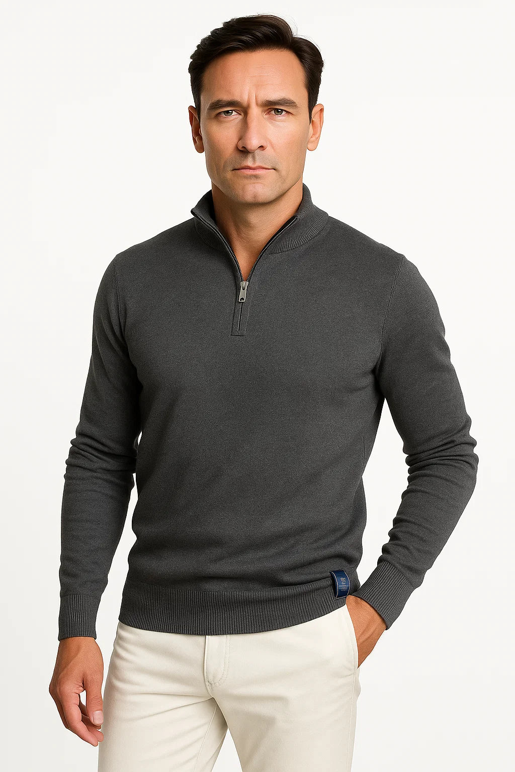 Men's Minimalist Quarter Zip Sweater - Classic Fit with Cotton Blend Construction