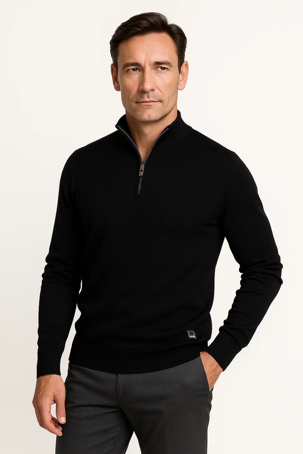 Men's Minimalist Quarter Zip Sweater - Classic Fit with Cotton Blend Construction