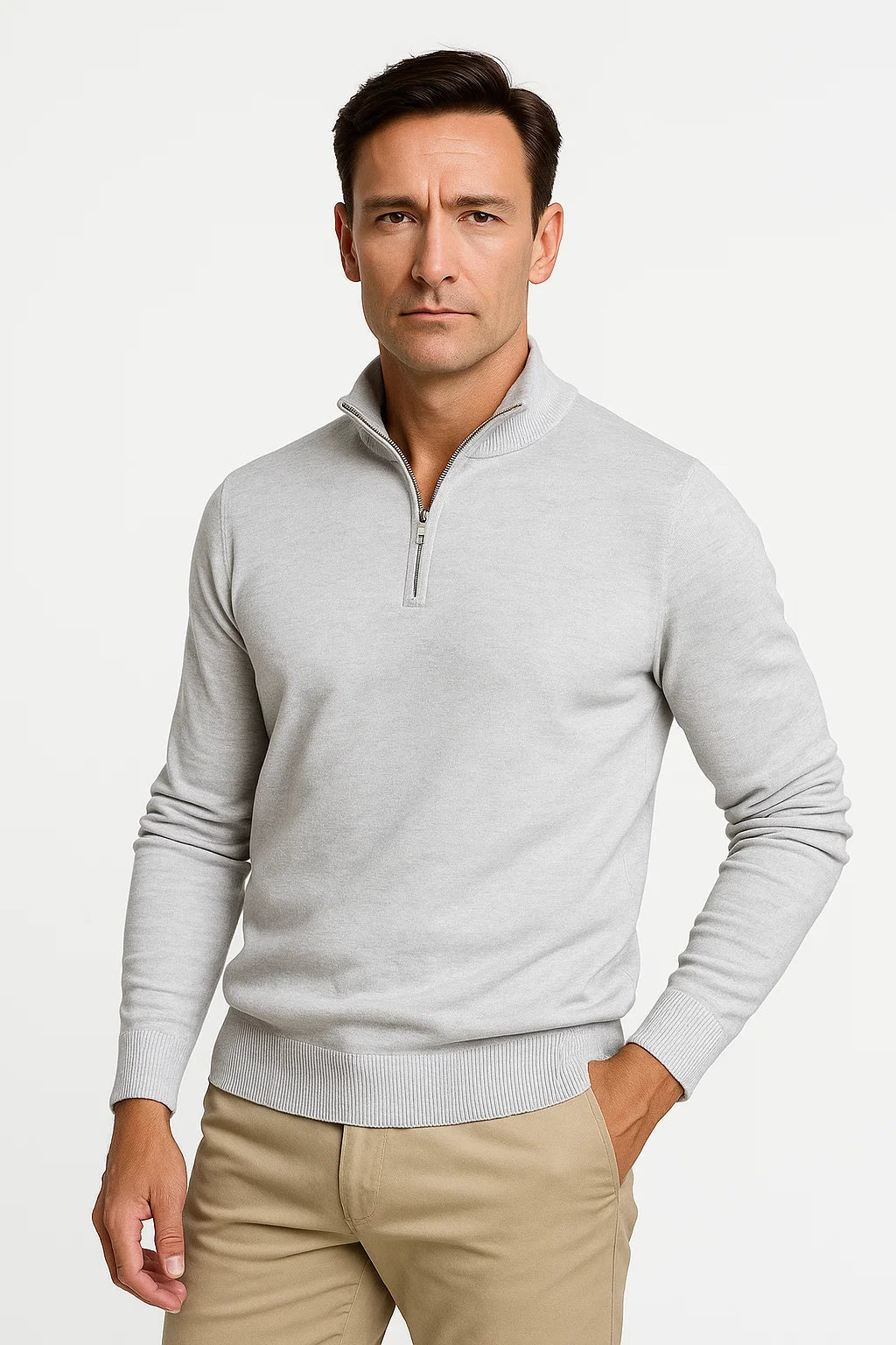 Men's Minimalist Quarter Zip Sweater - Classic Fit with Cotton Blend Construction
