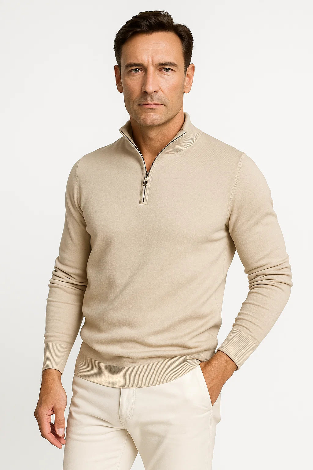 Men's Minimalist Quarter Zip Sweater - Classic Fit with Cotton Blend Construction