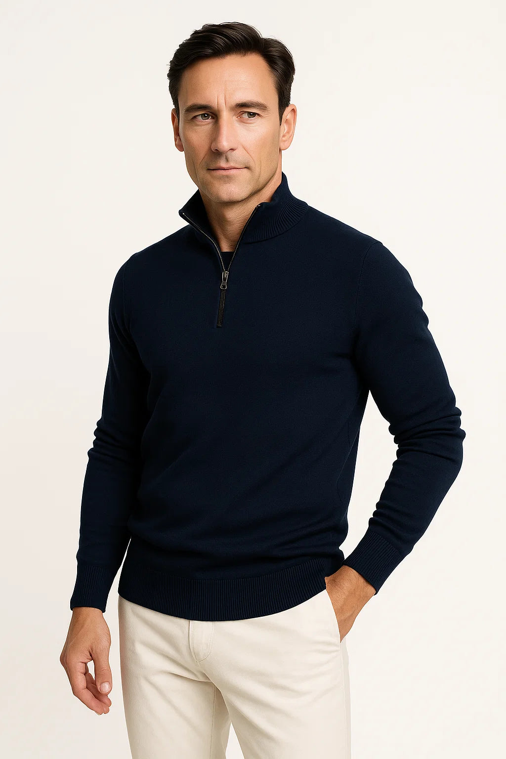 Men's Minimalist Quarter Zip Sweater - Classic Fit with Cotton Blend Construction