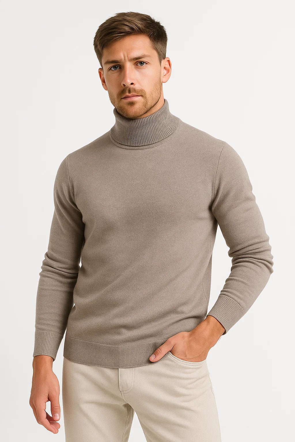 Men's Classic Turtleneck Sweater - Virgin Wool Construction with Ribbed Neckline