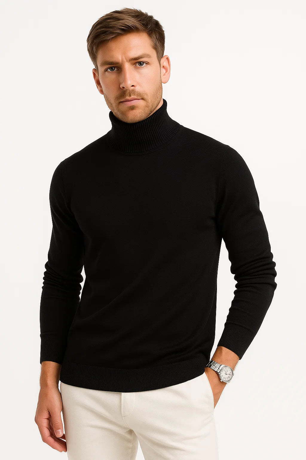 Men's Classic Turtleneck Sweater - Virgin Wool Construction with Ribbed Neckline