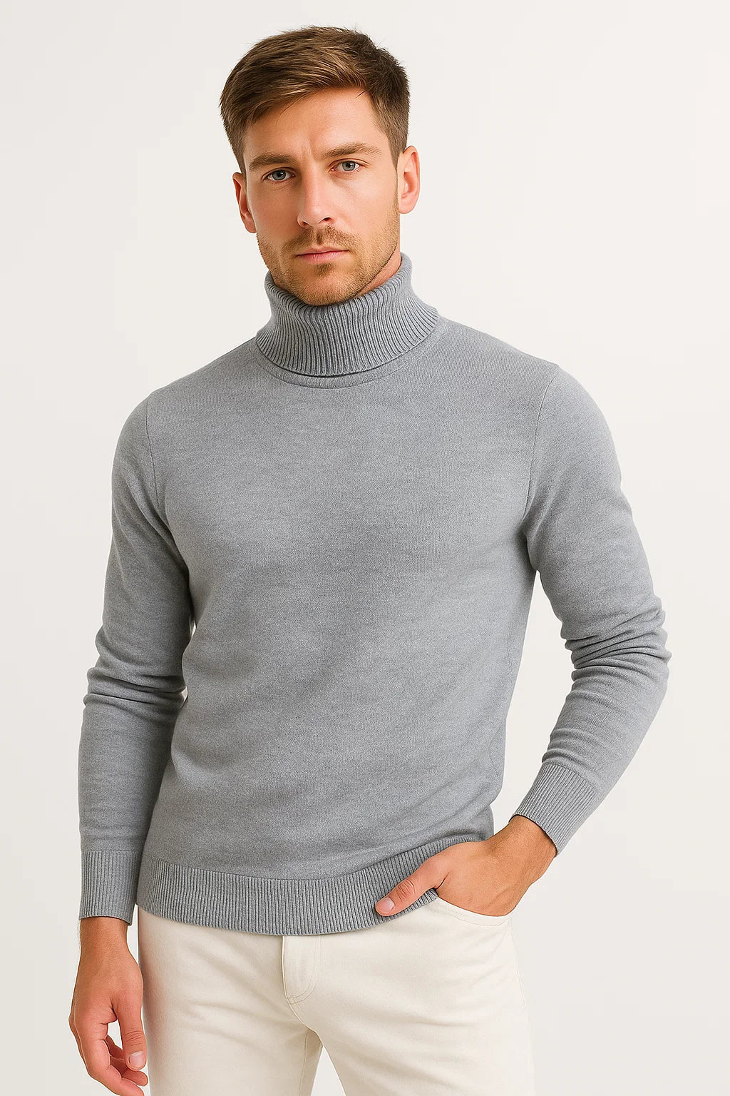 Men's Classic Turtleneck Sweater - Virgin Wool Construction with Ribbed Neckline