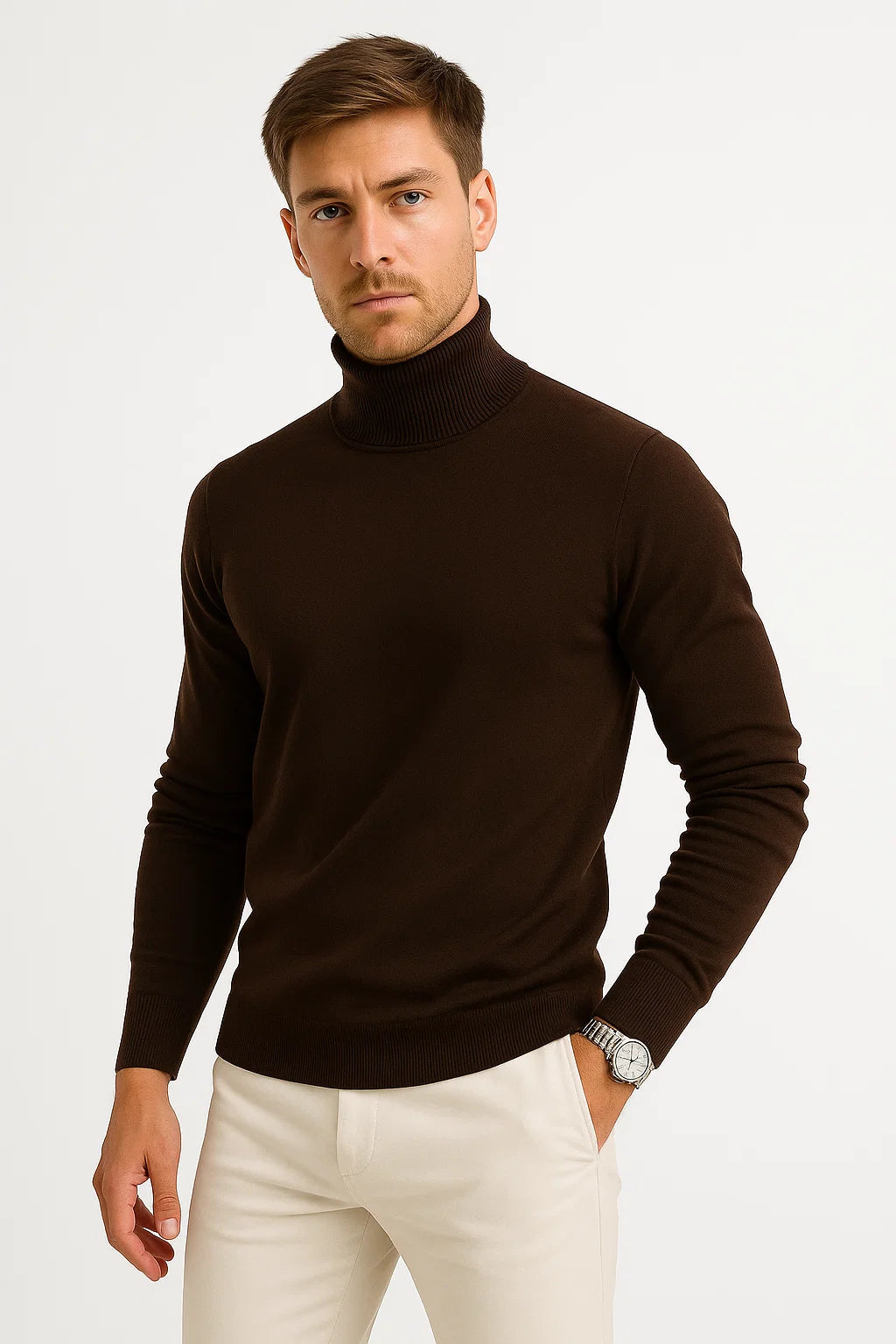 Men's Classic Turtleneck Sweater - Virgin Wool Construction with Ribbed Neckline