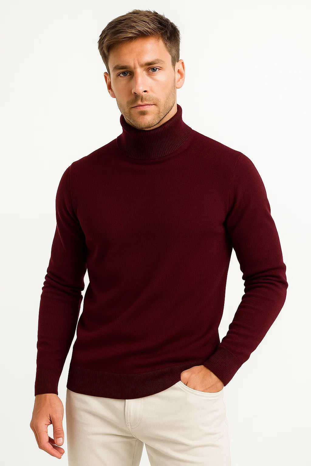 Men's Classic Turtleneck Sweater - Virgin Wool Construction with Ribbed Neckline