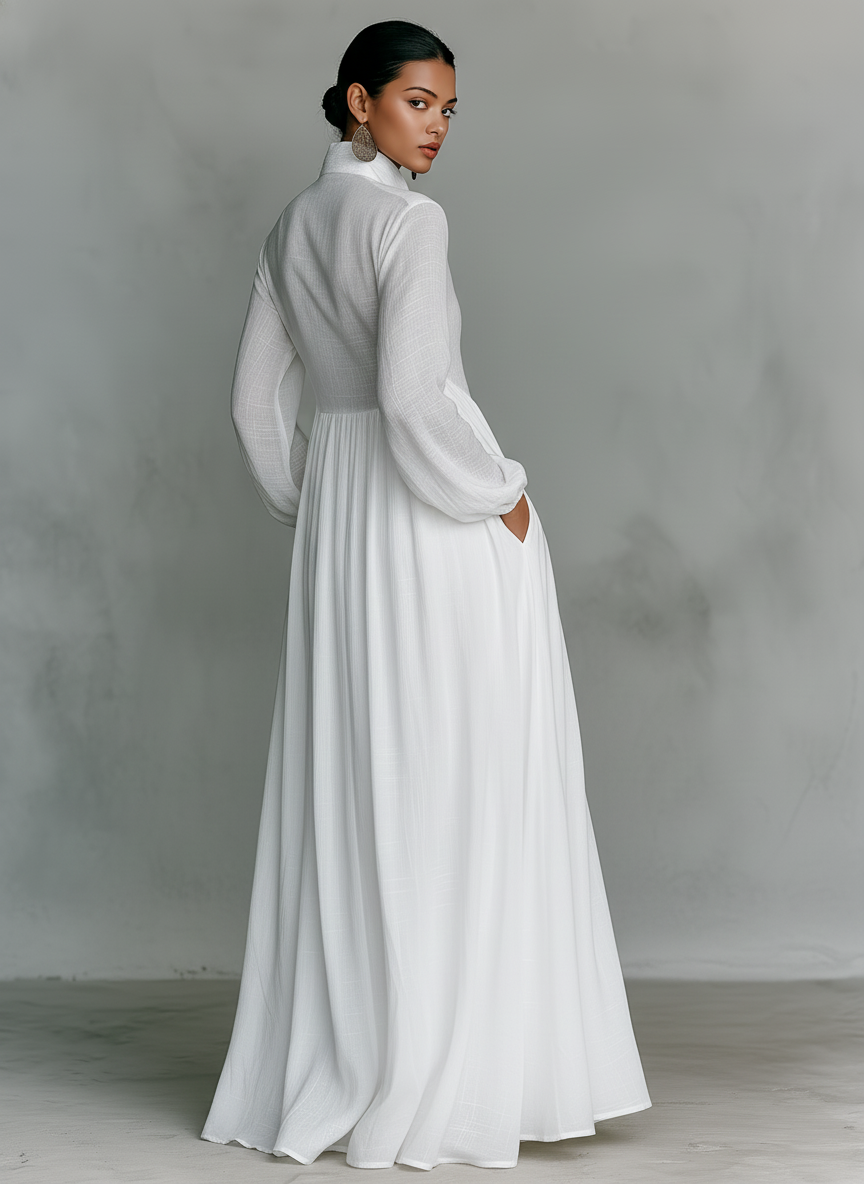 Celestia | Cotton Linen Maxi Dress Stand-Up Collar