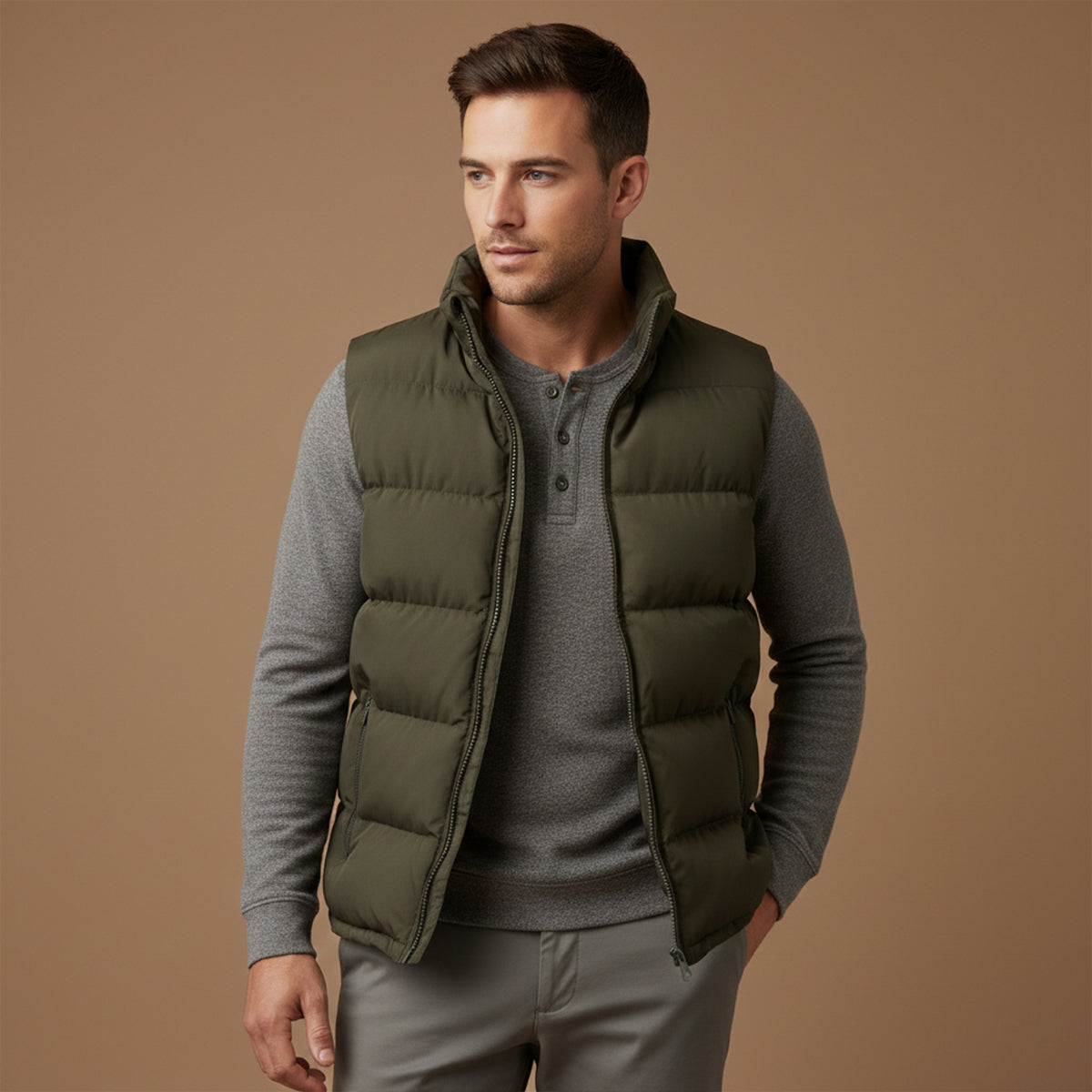 Men’s Padded Puffer Vest with High Neck and Zip Front