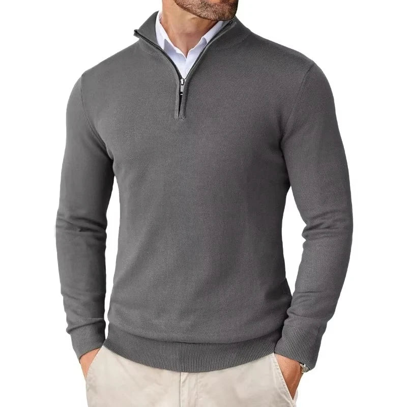 Men's Slim Fit Quarter Zip Sweater - Harrington Oxford Style with Stand Collar