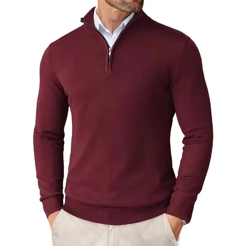 Men's Slim Fit Quarter Zip Sweater - Harrington Oxford Style with Stand Collar