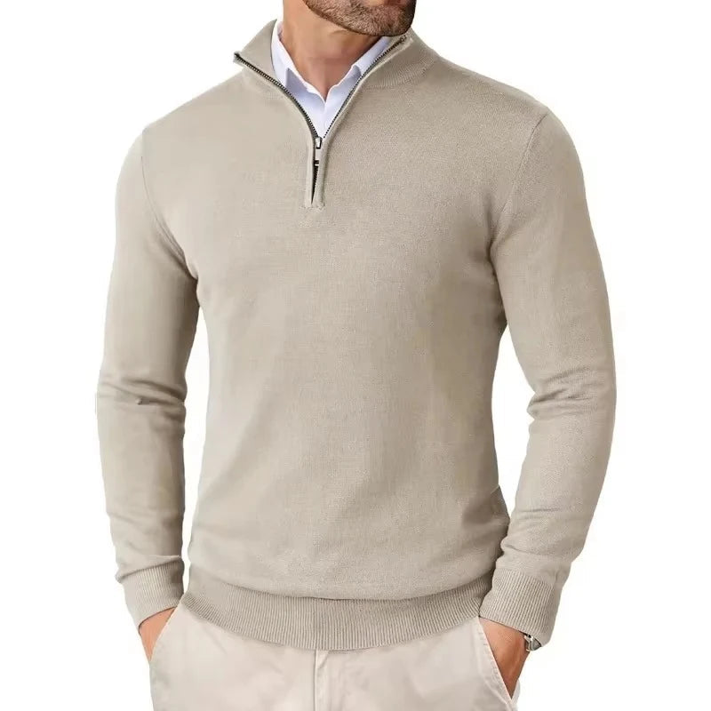Men's Slim Fit Quarter Zip Sweater - Harrington Oxford Style with Stand Collar