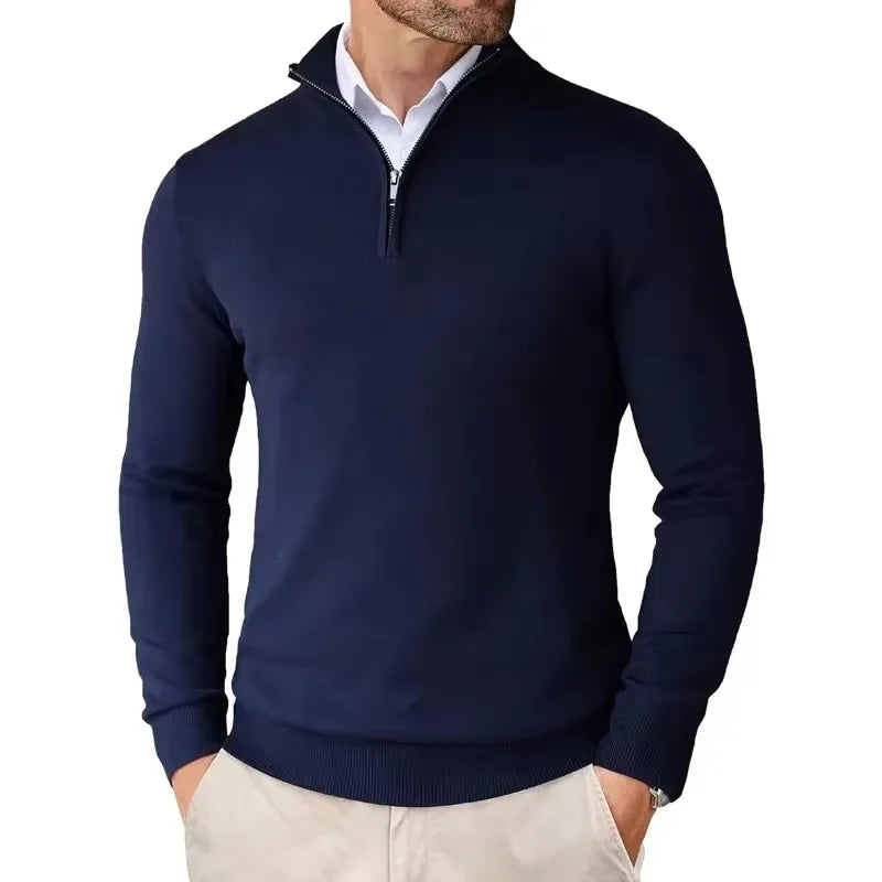 Men's Slim Fit Quarter Zip Sweater - Harrington Oxford Style with Stand Collar